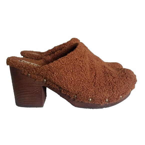 Korks by Kork Ease Studded Teddy Round Toe Block Heel Slip On Clogs Brown Sz 10M - Picture 2 of 11